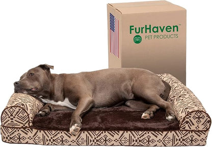 Furhaven Orthopedic Dog Bed for Large/Medium Dogs w/ Removable Bolsters &amp; Washable Cover, For Dogs Up to 55 lbs - Plush &amp; Southwest Kilim Woven Decor Sofa - Desert Brown, Large