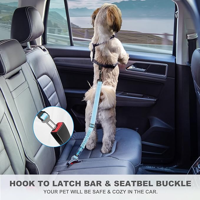Dog Seat Belt 3-in-1 Car Harness for Dogs Adjustable Safety Seatbelt for Car Nylon Reflective Bungee Fabric Dog Car Harness with Clip Hook Latch &amp; Buckle, Swivel Zinc Alloy Carabiner (Light Blue)