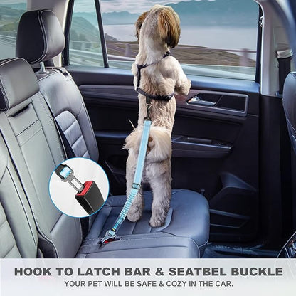 Dog Seat Belt 3-in-1 Car Harness for Dogs Adjustable Safety Seatbelt for Car Nylon Reflective Bungee Fabric Dog Car Harness with Clip Hook Latch &amp; Buckle, Swivel Zinc Alloy Carabiner (Light Blue)