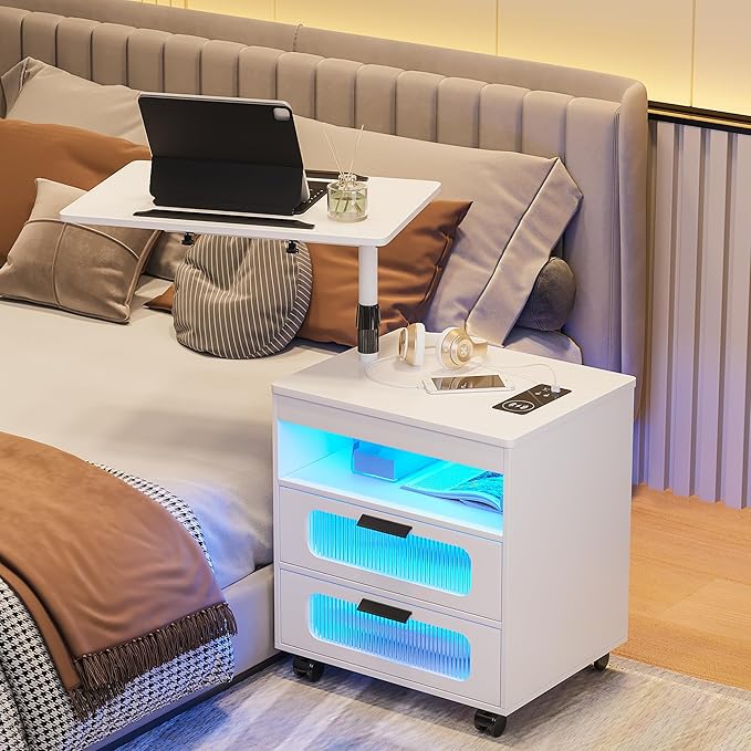 HNEBC Nightstand Set of 2, LED Nightstand with Wireless Charging Station/USB Ports,Smart Nightstand Has Adjustable Rotary Workstation with 2 Drawers,Modern Bedside Table for Bedroom Furniture(White)