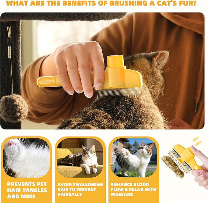 Pet Hair Removal Comb,New Cat Brush with Release Button,Pet Grooming Brush for Short&amp;Long Pet Hair,Deshedding Brush for Pet (yellow)