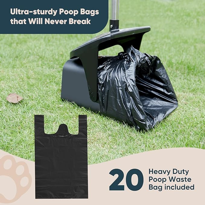 Stainless Steel Dog Pooper Scooper,40" Long Handle Swivel Bin, Rake and Spade,20 Waste Bags &amp; Hook - Heavy Duty Portable Metal Poop Scooper for Large,Medium and Small Dogs