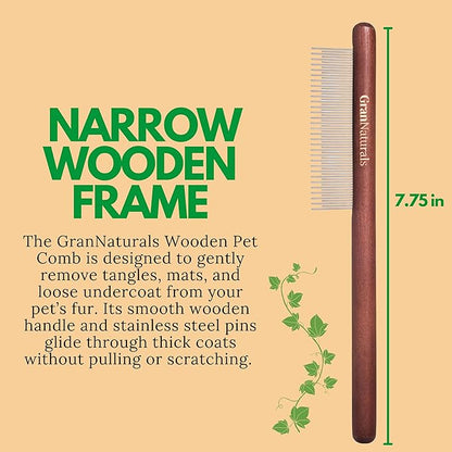 GranNaturals Wooden &amp; Metal Pet Comb for Detangling Hair, Grooming Fur, Dematting for Large and Small Dogs, Long &amp; Short Haired Cats