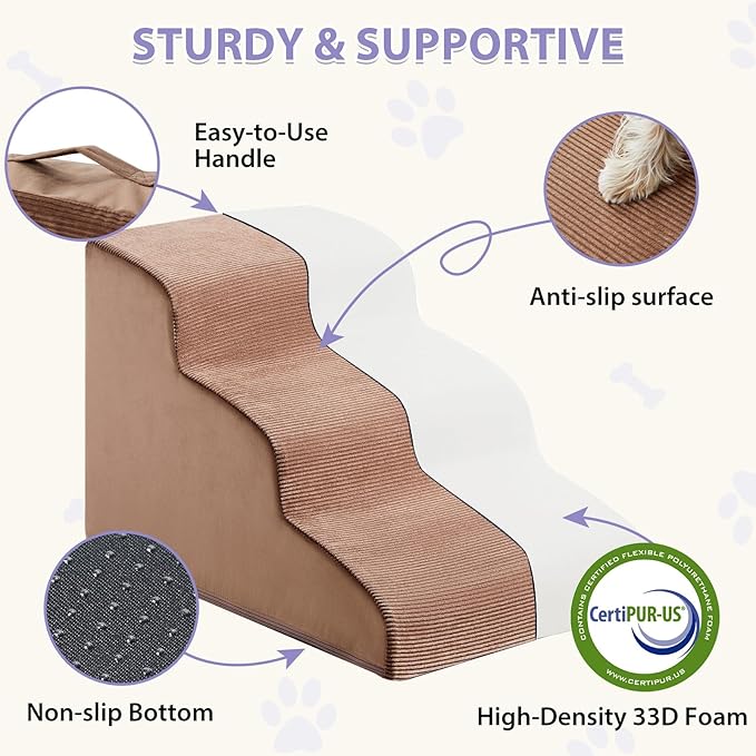 Dog Stairs for Small Dogs, 3-Steps Dog Ramp for Bed and Couch, Pet Stairs with Highly Supportive Foam and Non-Slip Bottom, Pet Steps for Cat &amp; Doggie (High 15.7 Inch)