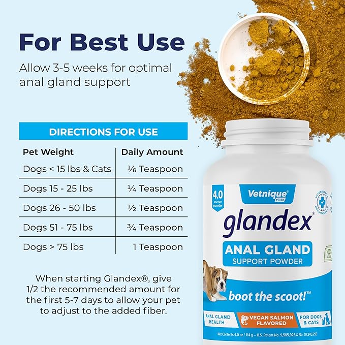 Vetnique Labs Glandex Dog Fiber Supplement Powder for Anal Glands with Pumpkin, Digestive Enzymes &amp; Dog Probiotics for Digestive Health - Vet Recommended - Boot The Scoot (Vegan Salmon, 4.0oz Powder)