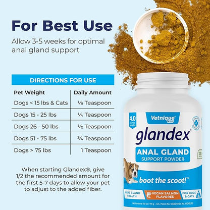 Vetnique Labs Glandex Dog Fiber Supplement Powder for Anal Glands with Pumpkin, Digestive Enzymes &amp; Dog Probiotics for Digestive Health - Vet Recommended - Boot The Scoot (Vegan Salmon, 4.0oz Powder)