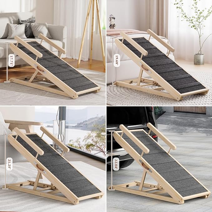 Dog Ramp for Bed, Couch, Car, Folding Pet Ramps 44.48" Long Adjustable 15"-22" Wooden Stairs with High Traction Mat &amp; Safety Side Rails for Small &amp; Medium Old Dogs &amp; Cats, up to 200 lbs
