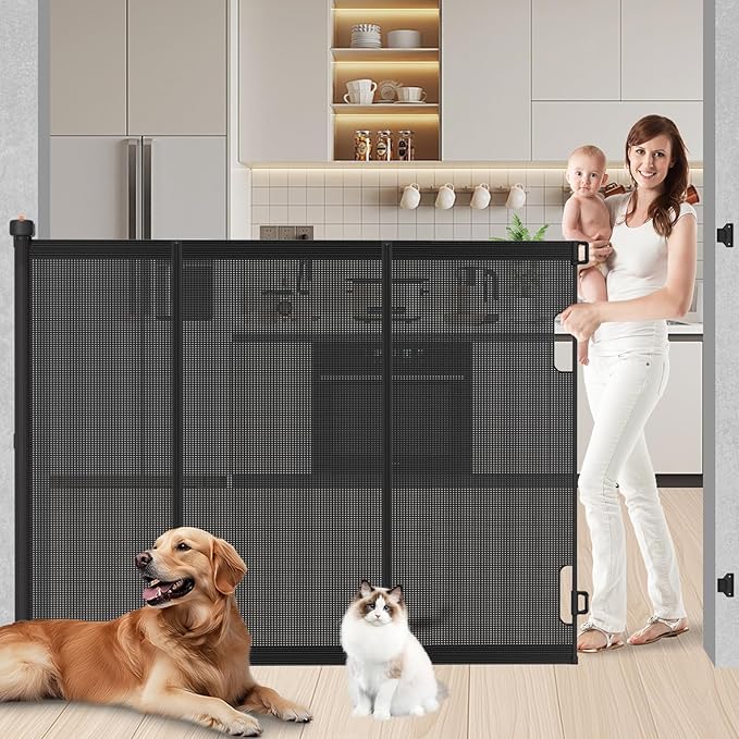 Extra Tall Retractable Baby Gates: 51" High Pet Gate, Extend up to 71" Wide, Mesh Baby Gate with Support Rods Jump-Proof Design for Cats &amp; Large Dogs Tall Dog Cat Gate Indoor Outdoor, Black