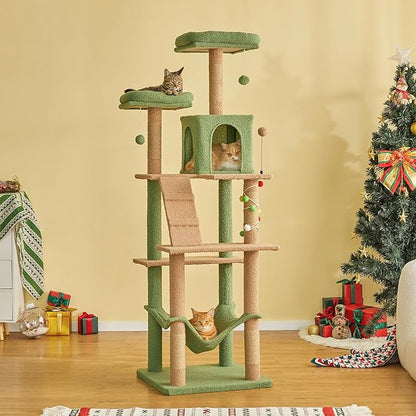 MWPO 70.1-Inch Green Large Cat Tree, Multi-Level Tall Cat Tower for Indoor Cats, Plush Cat Condo with Big Padded Perches, Sisal-Covered Scratching Posts, Hammock, Toys for Kittens &amp; Cats