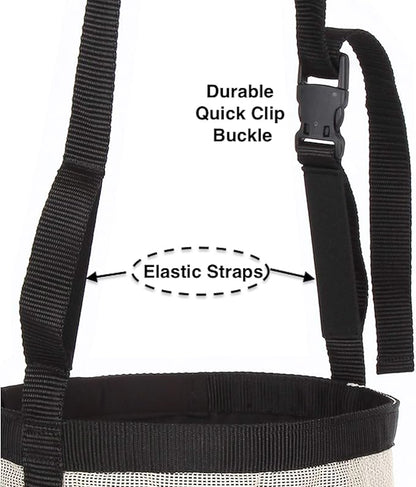 Majestic Ally Horse Feed Bag, Heavy Duty Nylon Mesh Grain Feed Bag, Adjustable Strap with Durable Snap and Elastic Straps, Comfort Neck Pad and Nose Pad- Large (Draft, Beige)