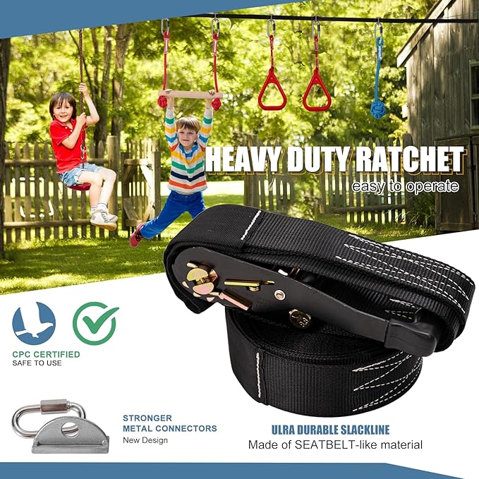 Slsy Ninja Warrior Obstacle Course for Kids, 50FT Durable Ninja Slackline Kit with 8 Complete Accessories, Playset Equipment with Swing, Climbing Net, Ladder &amp; Monkey Bars (8 Obstacles)