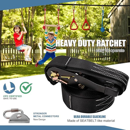Slsy Ninja Warrior Obstacle Course for Kids, 50FT Durable Ninja Slackline Kit with 8 Complete Accessories, Playset Equipment with Swing, Climbing Net, Ladder &amp; Monkey Bars (8 Obstacles)