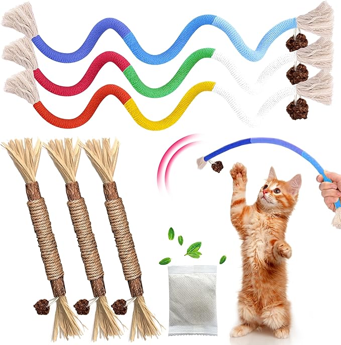 Cat Toys Chew Rope &amp; Silvervine Sticks for Bored Indoor Adult Cats, 6Pcs Interactive Catnip Toys for Cats with Refillable Natural Catnip Bag for Teeth Cleaning