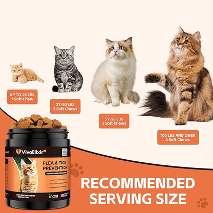 Flea &amp; Tick Treatment for Cats – Natural Flea, Tick &amp; Mosquito Prevention with Brewer’s Yeast, Coconut Oil – Skin &amp; Coat Health, Immune Support – Vet Formulated 200 Chews