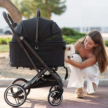 X3 2 in 1 Pet Stroller for Medium or Two Small Dogs &amp; Cats 4 Wheels Lightweight Foldable Carrier Dog Stroller with Waterproof Weather Cover Cup Holder,Storage Basket(Black)