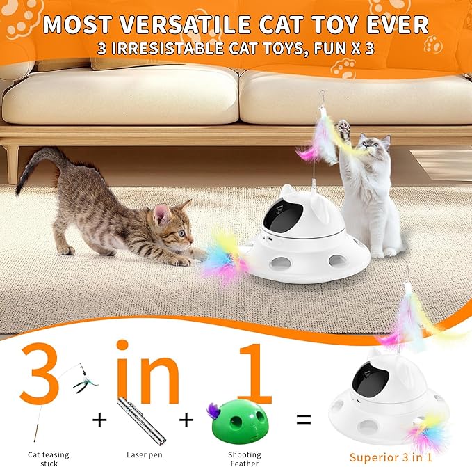 Cat Laser Toy,3-in-1Interactive Cat Toys Automatic Cat Toy with 360° Random Laser &amp; Interactive Feather - 5 Laser PatternsUSB Rechargeable Motion Activated Moving - Fun Toys for Indoor Cats &amp; Kittens