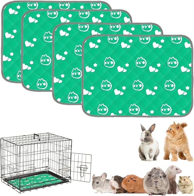 4 Pack Guinea Pig Bedding - Washable Guinea Pig Cage Liners, Waterproof Reusable &amp; Anti Slip Pee Pads Super Absorbent Mats for Small Animals Pet Rabbit Bunny Hamster Rat (Green, 24 x 18 Inch)
