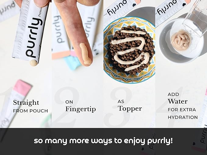 Purrly Hydrating Wet Cat Treat Snack Topper Creamy Purée Human-Grade Chicken Breast &amp; Salmon with Omega-3 &amp; 6 for Skin &amp; Coat (30 Count) Healthy Lickable Squeeze Soft Snack