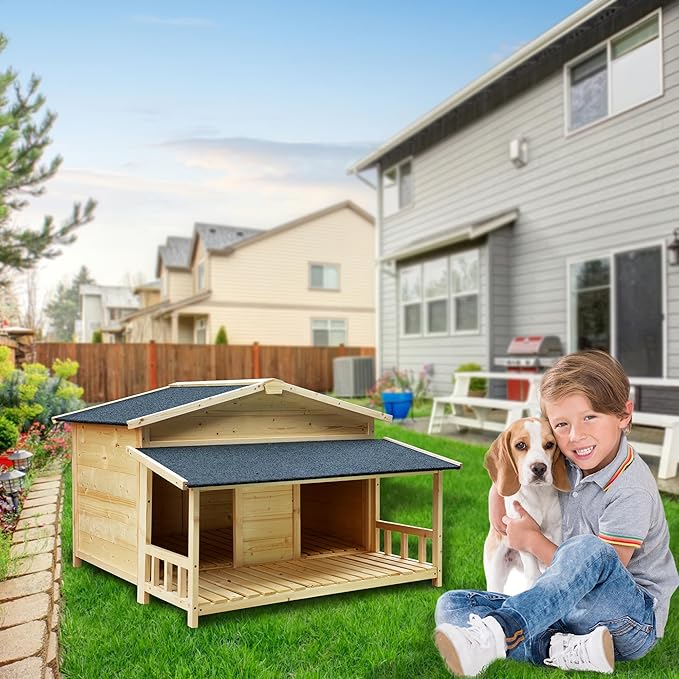 Large Outdoor Wooden Dog House – Weatherproof Double Kennel with Asphalt Roof &amp; Covered Porch, Ideal for Medium to Large Breeds