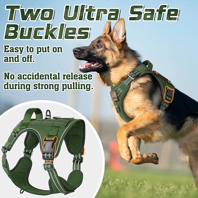 rabbitgoo Tactical Dog Harness for Large Dogs, No Pull Military Service Vest with Handle &amp; Molle, Easy Control for Training Walking, Adjustable Reflective Straps, Green, XL