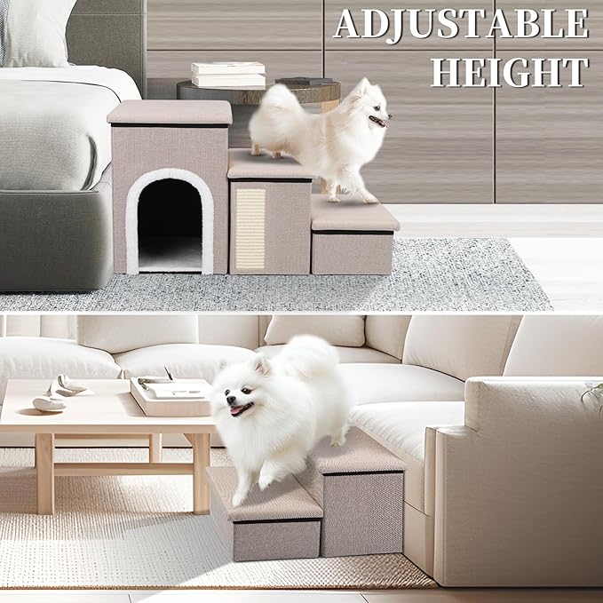 Dog Steps for Bed and Couch, 17”H Foldable Dog Stairs for Small Older Dogs Cats, Adjustable Pet Cat Stairs Ramps with Storage with Condo, Scratcher, Hold Up to 180LBS, Pet Cat Steps Beige