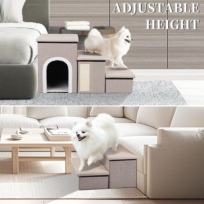Dog Steps for Bed and Couch, 17”H Foldable Dog Stairs for Small Older Dogs Cats, Adjustable Pet Cat Stairs Ramps with Storage with Condo, Scratcher, Hold Up to 180LBS, Pet Cat Steps Beige