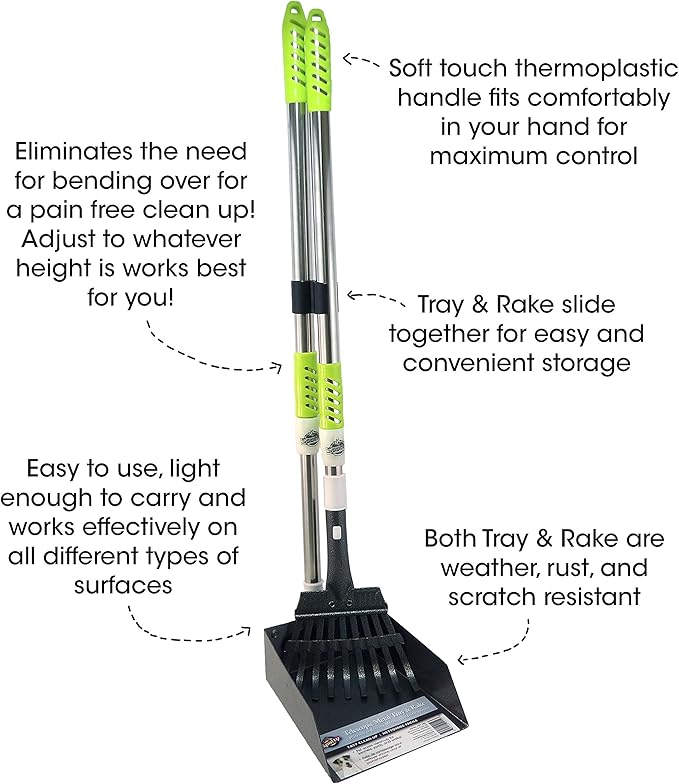 Aluminum Telescoping Metal Handled Poop Tray with Rake Sturdy Lightweight Pooper Scooper Extends 43" Long Scoop Great for Large &amp; Small Dogs (2154)