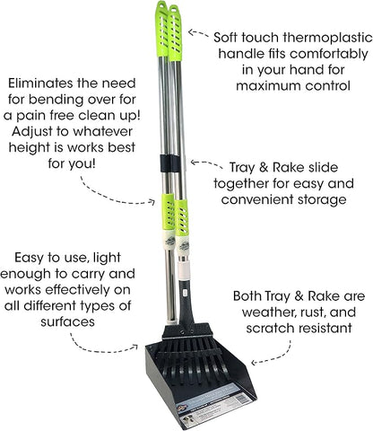 Aluminum Telescoping Metal Handled Poop Tray with Rake Sturdy Lightweight Pooper Scooper Extends 43" Long Scoop Great for Large &amp; Small Dogs (2154)