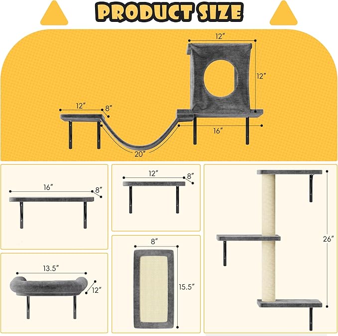 NUNU LAB Wall Mounted Cat Furniture, 6 Pcs Cat Wall Shelves with Condo House, Bridge, Steps, Scratcher, Hammock, Indoor Safe &amp; Stable Furniture for Kittens Play, Dark Gray