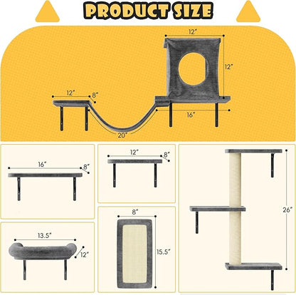 NUNU LAB Wall Mounted Cat Furniture, 6 Pcs Cat Wall Shelves with Condo House, Bridge, Steps, Scratcher, Hammock, Indoor Safe &amp; Stable Furniture for Kittens Play, Dark Gray