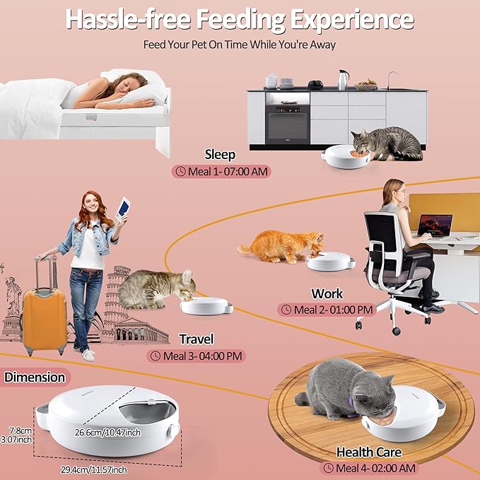 Automatic Cat Feeder Wet Food, Battery Operated Auto Wet/Dry Food Feeder with 2 Ice Packs, Cordless Programmable Timer Pet Auto Dispenser for Cat and Small &amp; Medium Dog (4-Meals &amp; Battery Included)