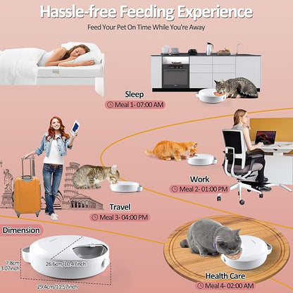 Automatic Cat Feeder Wet Food, Battery Operated Auto Wet/Dry Food Feeder with 2 Ice Packs, Cordless Programmable Timer Pet Auto Dispenser for Cat and Small &amp; Medium Dog (4-Meals &amp; Battery Included)