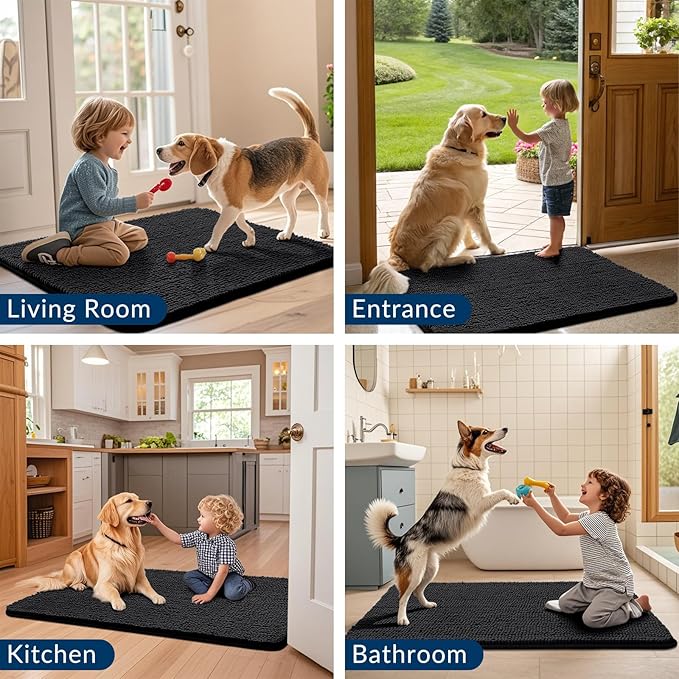 Smiry Dog Door Mat for Muddy Paws 30x20, Absorbs Moisture and Dirt Doormat, Non-Slip Washable Quick Dry Chenille Front Door Mat Indoor Entrance, Entryway Carpet for Inside Floor, Black