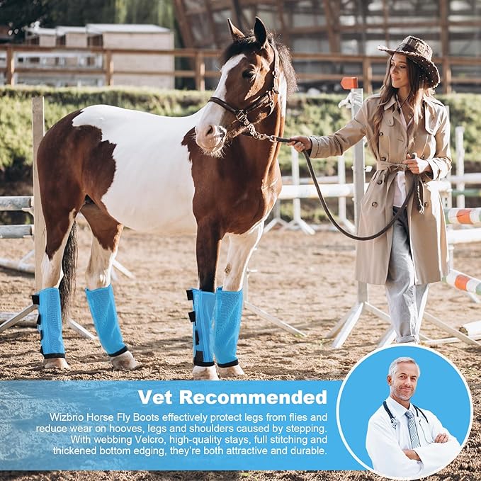 Premium 4-Pack Horse Fly Boots &amp; Leggings Loose-Fit Fine Mesh with Stay-On Fasteners, Support Strips &amp; Anti-Stomp Design Breathable Non-Slip Protection Leg Wrap (Large) Sky - Blue