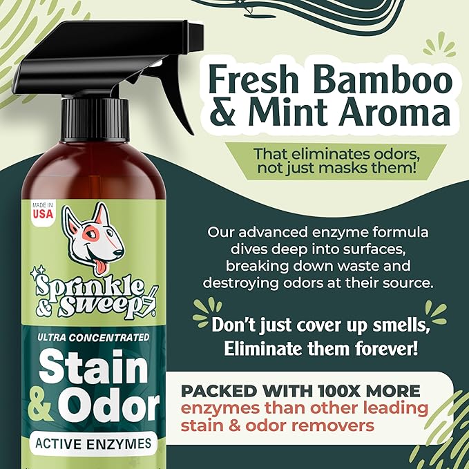 Sprinkle &amp; Sweep Pet Stain and Odor Remover - Super Concentrated Pet Odor Eliminator - No Scrubbing Dog &amp; Cat Urine Enzyme Cleaner Destroyer - Carpet Cleaner for Multiple Surfaces (24 oz Pack of 2)