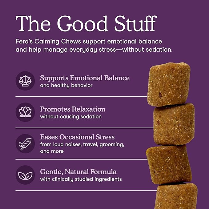 Fera Pets Dog Calming Chews with Ashwagandha &amp; Priome® Mental Wellbeing Postbiotic Blend - Supports Anxiety Relief - Promotes Relaxation - 90 Soft Chews