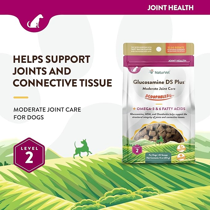 NaturVet Scoopables Dog Joint Supplement - Glucosamine DS Plus Level 2 Moderate Hip &amp; Joint Care for Dogs w/Chondroitin &amp; MSM - Hickory Smoked Bacon Flavored Pet Health Supplements | 11oz Bag