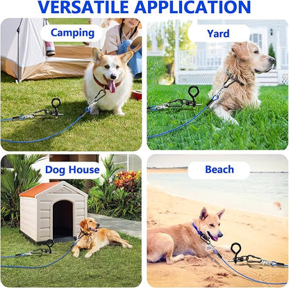 Heavy Duty Dog Tie Out Cable and Stake,16FT Rust Proof Dog Leads Tether for Yard with Swivel Hook,360°Swivel Spiral Dog Stake&amp;Chain Up to 200 lbs,Removable Ground Anchor for Outdoor Beach Camping