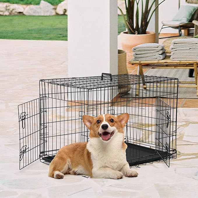 FDW 30 inch Dog Crate Dog Kennel Cage with Double Door Folding Metal Wire Dog Cage with Removable Tray&amp;Divider Panel,Pet Crate for Medium Dogs,Black