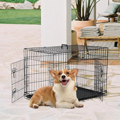 FDW 30 inch Dog Crate Dog Kennel Cage with Double Door Folding Metal Wire Dog Cage with Removable Tray&amp;Divider Panel,Pet Crate for Medium Dogs,Black