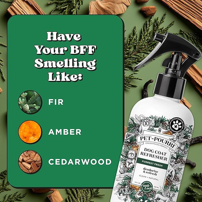Poo-Pourri Furrest Fresh Dog Deodorizing Spray, 8 Fl Oz Grooming Perfume for Dog Coat, Pet Odor Neutralizer with Essential Oils, Vet Recommended, Paraben &amp; Sulfate-Free Fir, Amber, &amp; Cedarwood Scent