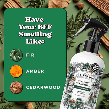 Poo-Pourri Furrest Fresh Dog Deodorizing Spray, 8 Fl Oz Grooming Perfume for Dog Coat, Pet Odor Neutralizer with Essential Oils, Vet Recommended, Paraben &amp; Sulfate-Free Fir, Amber, &amp; Cedarwood Scent