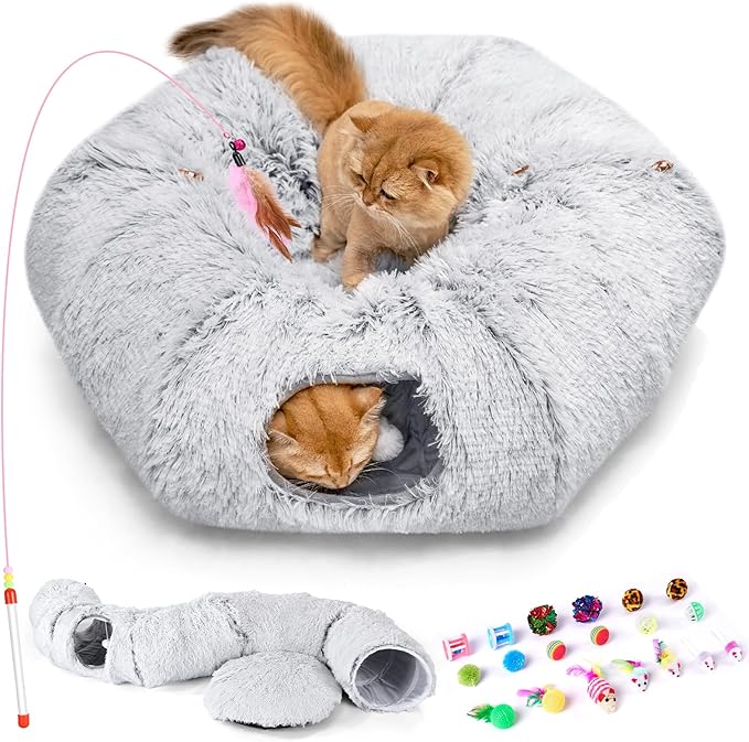 Odoland Cat Tunnel Bed with 20 Cat Toys - Indoor Plush Kitten Couch, Detachable Cats Cave Donut Tunnel &amp; Soft Kitten Toy Set - Cozy Cat Furniture, White