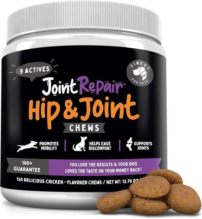 Joint Repair Hip and Joint Chews for Dogs - Finest for Pets Glucosamine, Chondroitin, MSM, Omega 3 &amp; Turmeric for Dog Joint Support, Mobility &amp; Pain Relief - (120 Chicken Flavored Chews, Made in USA)