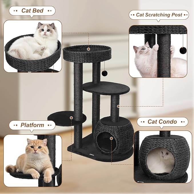 KAMABOKO Modern Cat Tree, 39" Tall Cat Tree Black for Kittens Climb Play &amp; Rest, Cat Trees for Indoor Cats w/Natural Sisal Scratching Posts, Hand-Woven Condo &amp; Top Perch