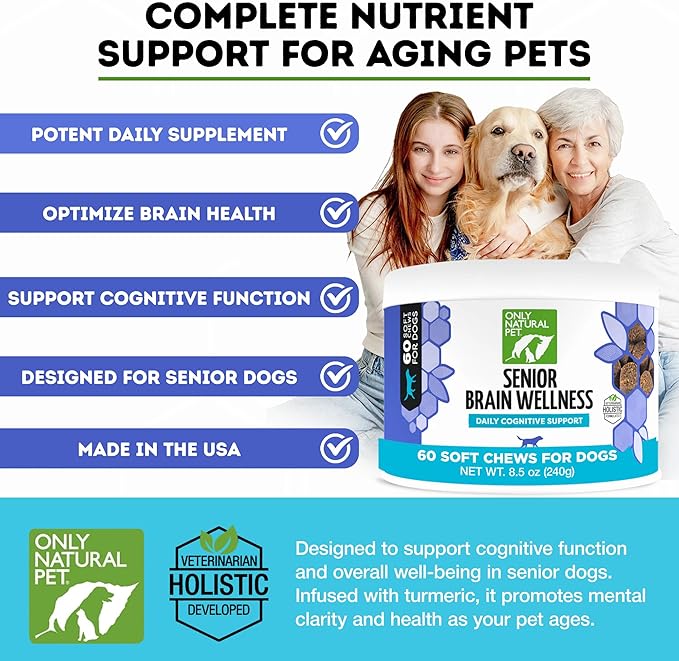 ONLY NATURAL PET Senior Brain Wellness Dog Chews - Small, Medium &amp; Large Breeds, Toothless &amp; Geriatric Dogs, Soft Chicken &amp; Bacon Flavor Snacks, Baked Treats - 60 Count