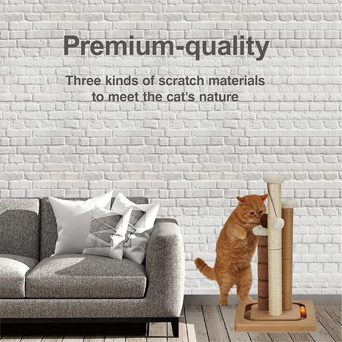 Cat Scratching Post Premium Natural Sisal Jute Carpet 3 Scratch Posts with Interactive Track Ball Base and Hanging Balls Toys Kitten Scratcher for Indoor Kittens and Small Cats
