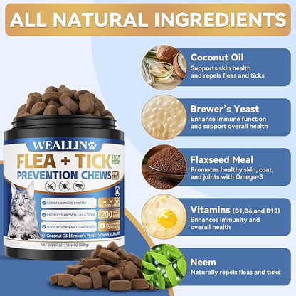 Flea and Tick Prevention for Cats, 200 Soft Chews for Fleas Treatment for Cats, Natural Cat Oral Flea Chewables Support Supplement, Flea and Tick Chews for All Breeds &amp; Sizes