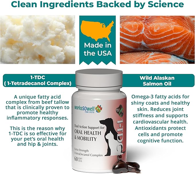 1TDC WorksSoWell Dual Action Joint Supplement for Dogs &amp; Cats - Hip and Joint Supplement for Large Breed &amp; Small Breed - Also Great for Oral Health - Muscle &amp; Stamina Recovery &amp; Arthritis - 60ct