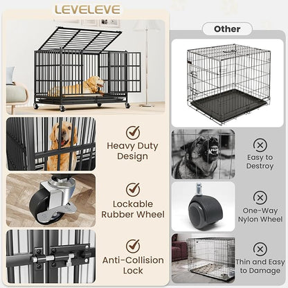 LEVELEVE 54 Inch Heavy Duty Indestructible Dog Crates for Large Dogs，Escape Proof Dog Cage Large Dogs with Lockable Wheels，Dog Kennel Furniture Indoor&amp;Outside